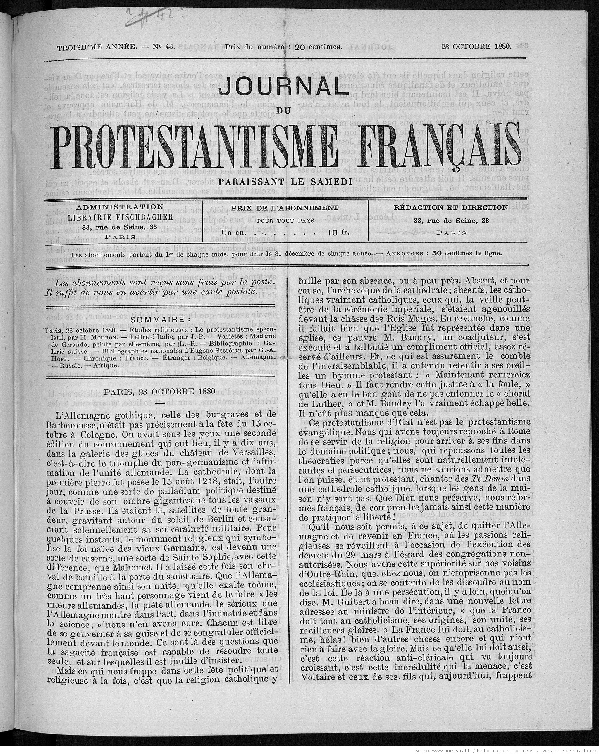 Journal du protestantisme français - une du 23 oct 1890