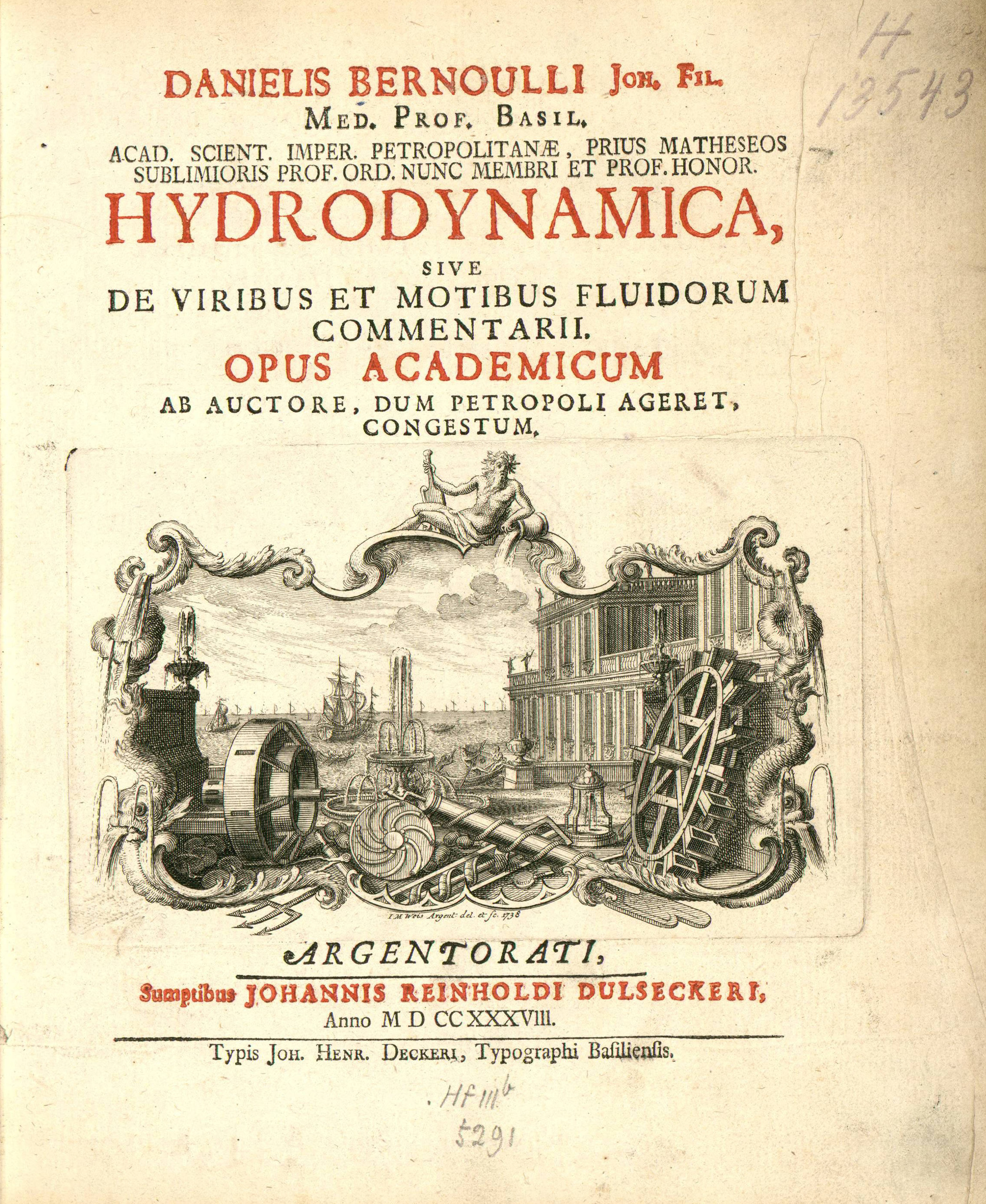 Page de titre avec vignette gravée de l'édition strasbourgeoise de l'Hydrodynamica de Bernoulli