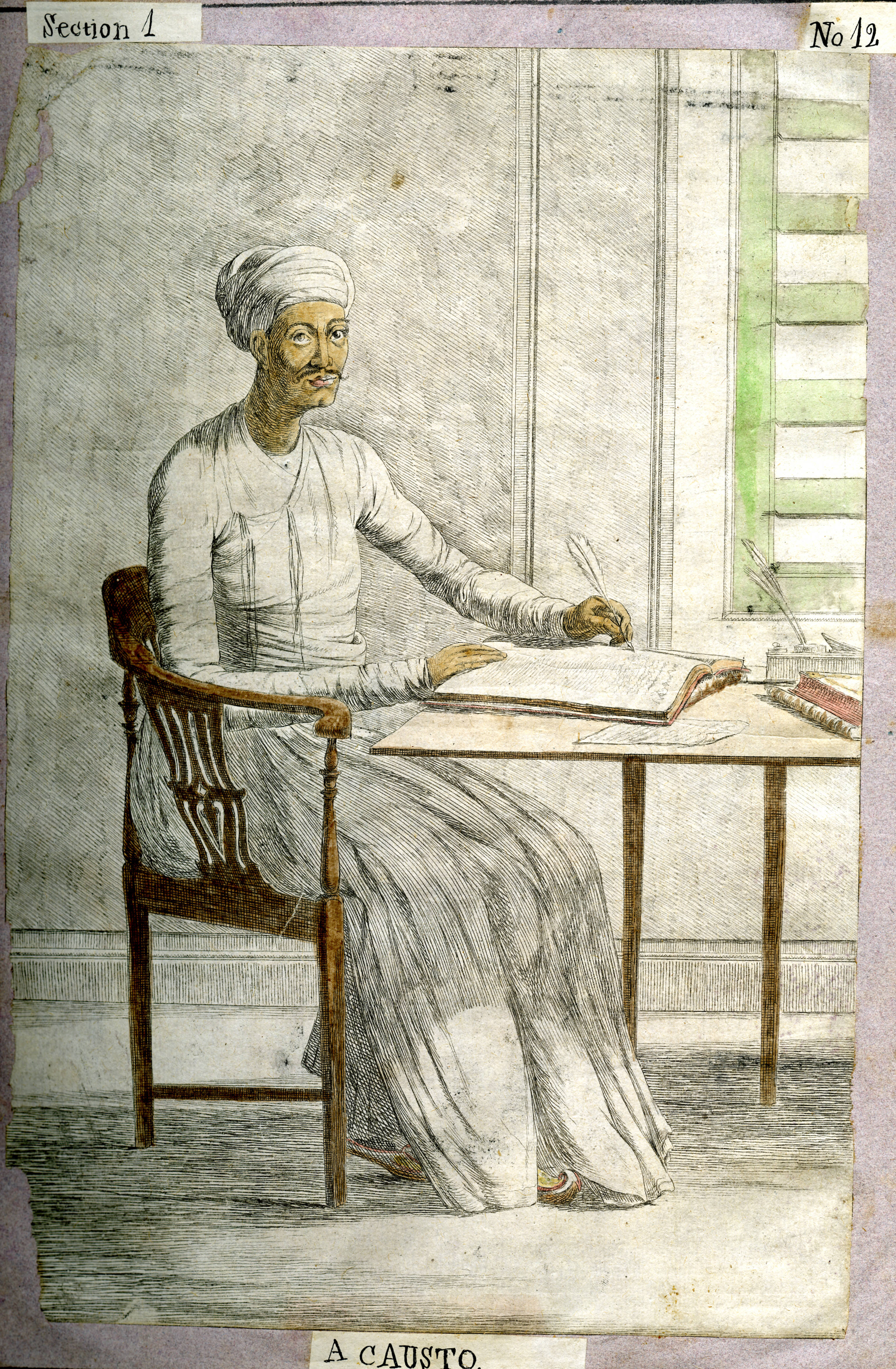 Collection de 250 gravures colorées descriptives des manières, coutumes et tenues des Hindous. Portrait d'un hindou.