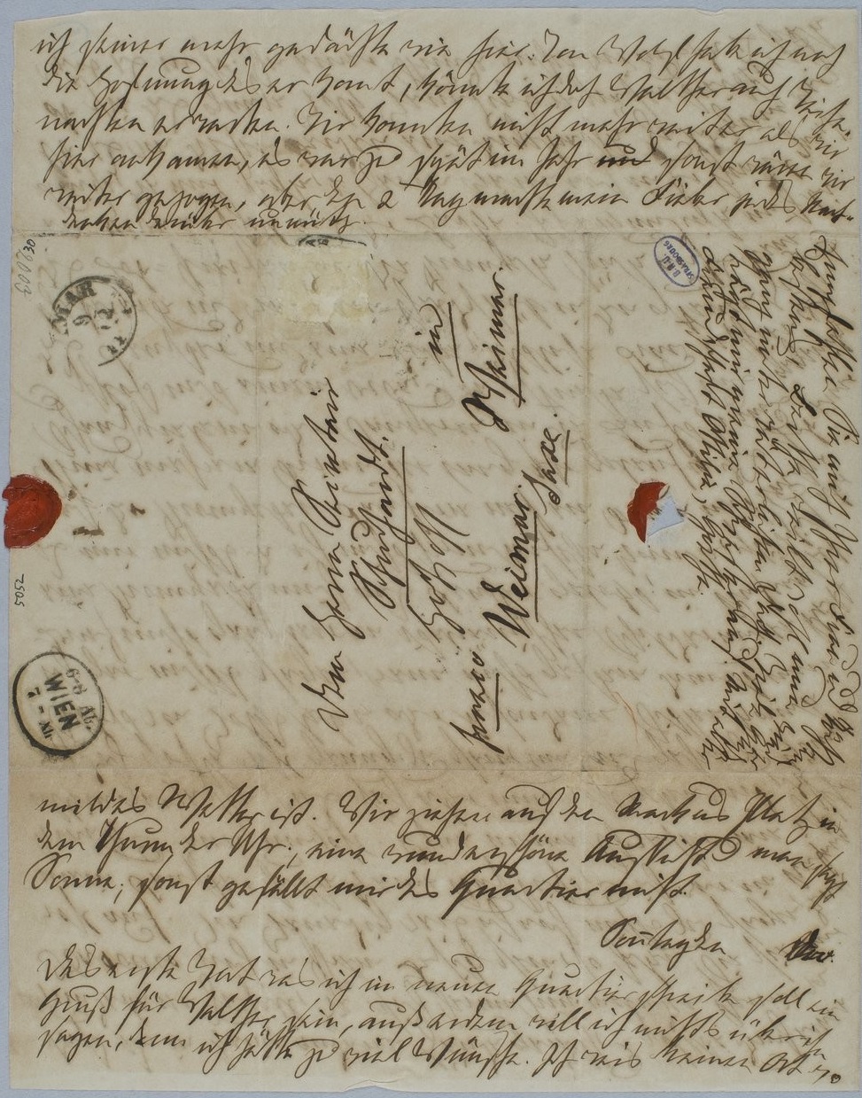 Lettre autographe d’Ottilie von Goethe adressée à M. Seintner, à Stuttgart, Réserves de la Bnu, Ms.5052, feuillet.