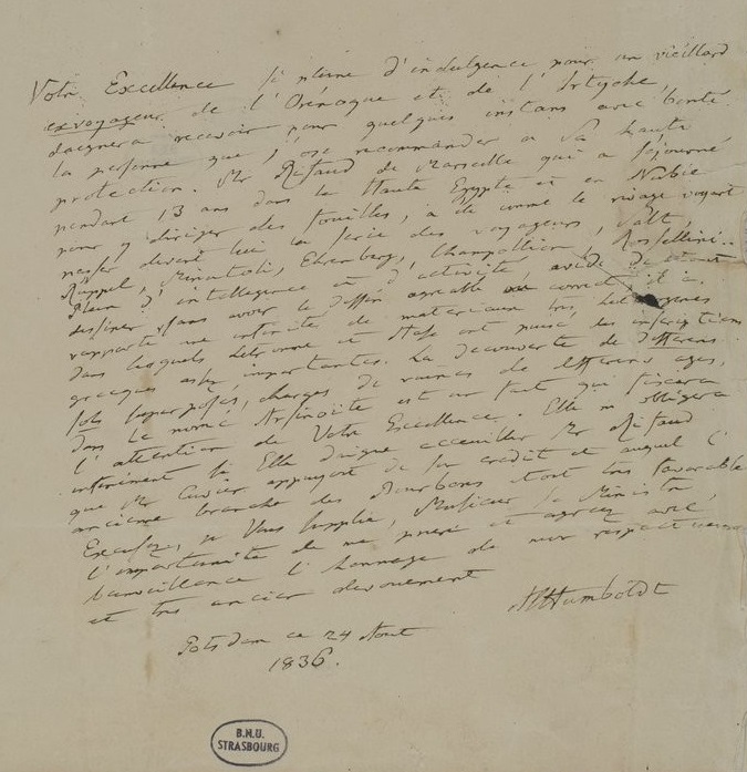 Alexander von Humboldt, lettre de recommandation autographe, Réserve de la Bnu, Ms.4.983, feuillets 14-15.