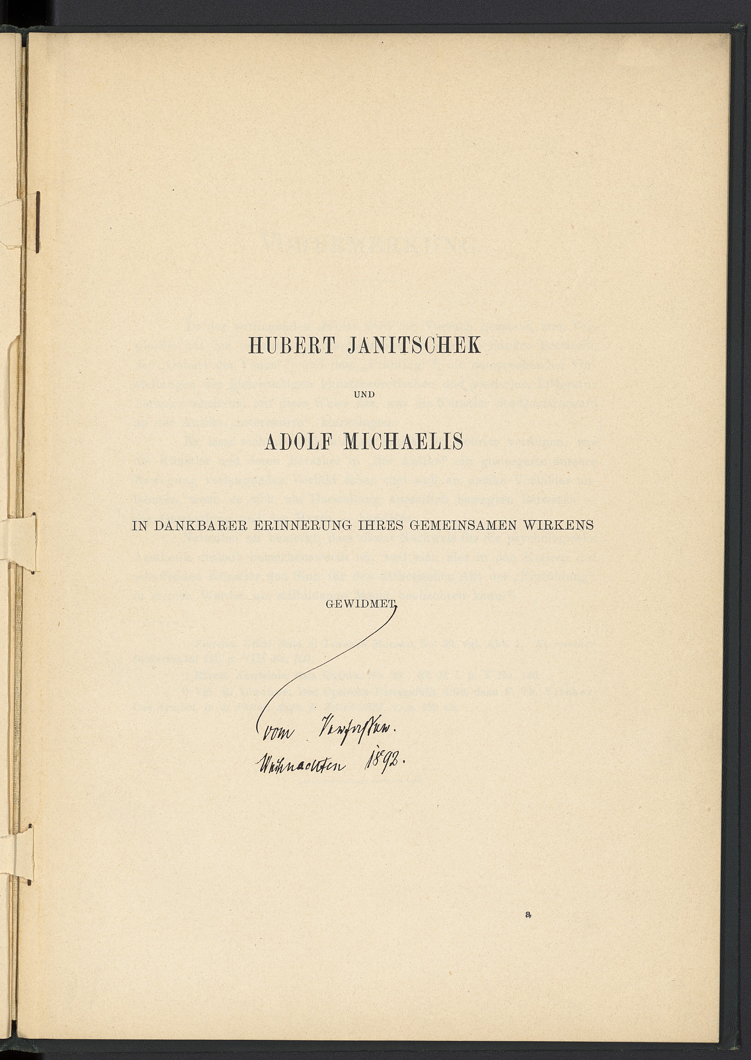 Dédicace originale imprimée et manuscrite de l'auteur ("gewidmet vom Verfasser, Weihnachten 1892") à Adolf Michaelis et à son directeur de thèse, Hubert Janitschek