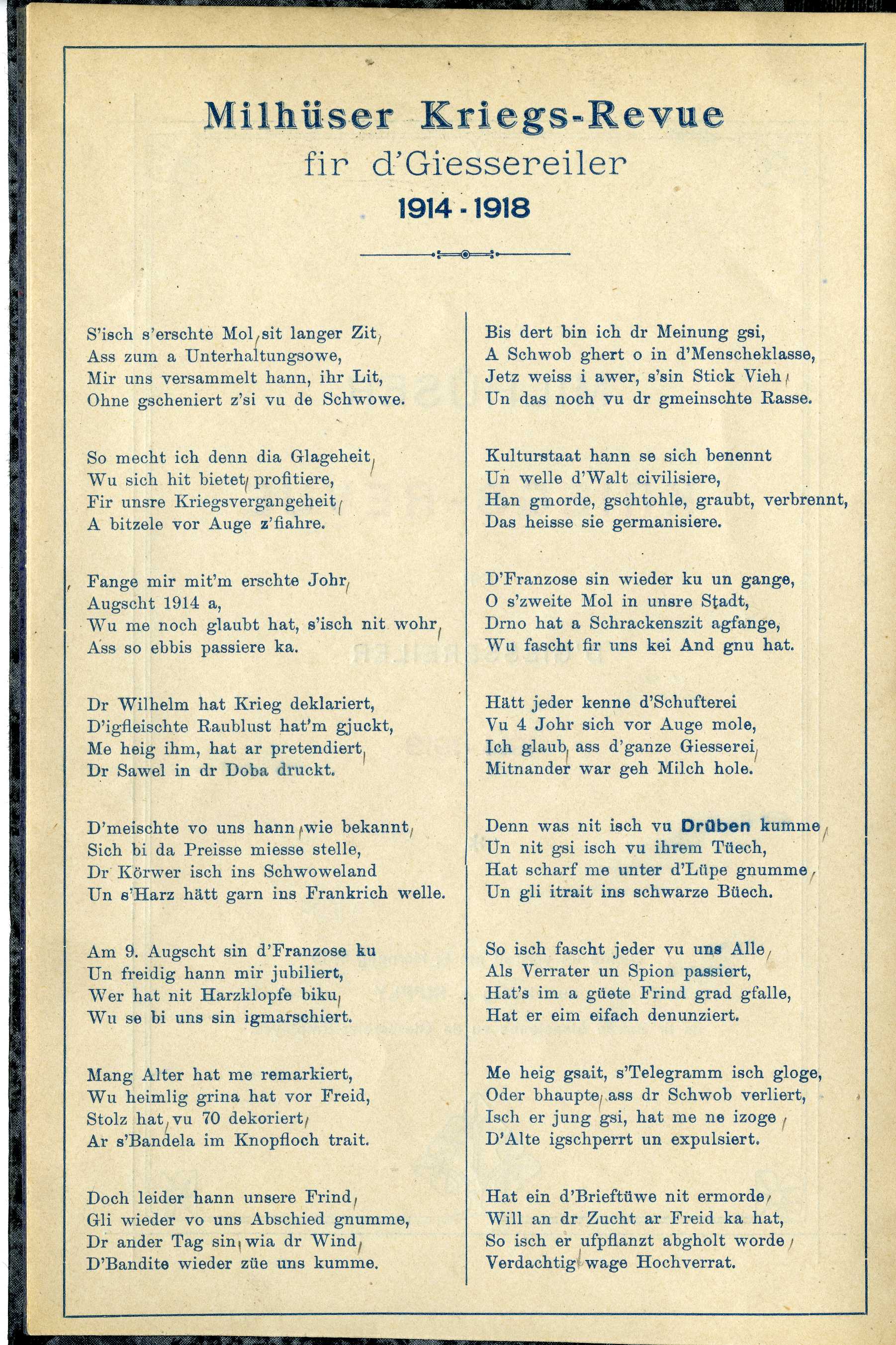 Première page de Milhüser Kriegs-Revue fir d'Giessereiler 1914-1918