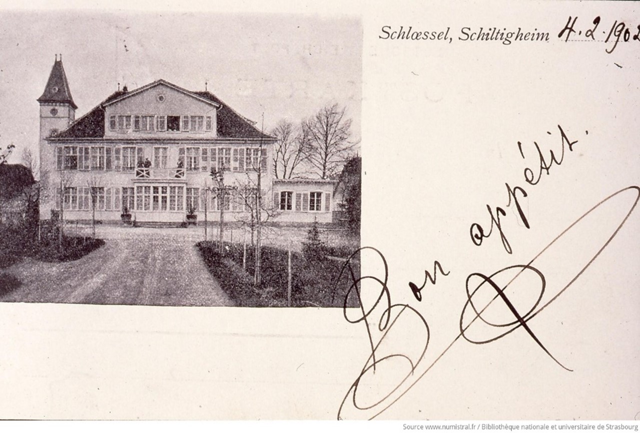 [Carte d'invitation adressée au Dr Pierre Bucher à Schiltigheim, émanant du Schlœssel à Schiltigheim le 4 février 1902] (Bibliothèque nationale et universitaire de Strasbourg, cote STRG.DM.31)