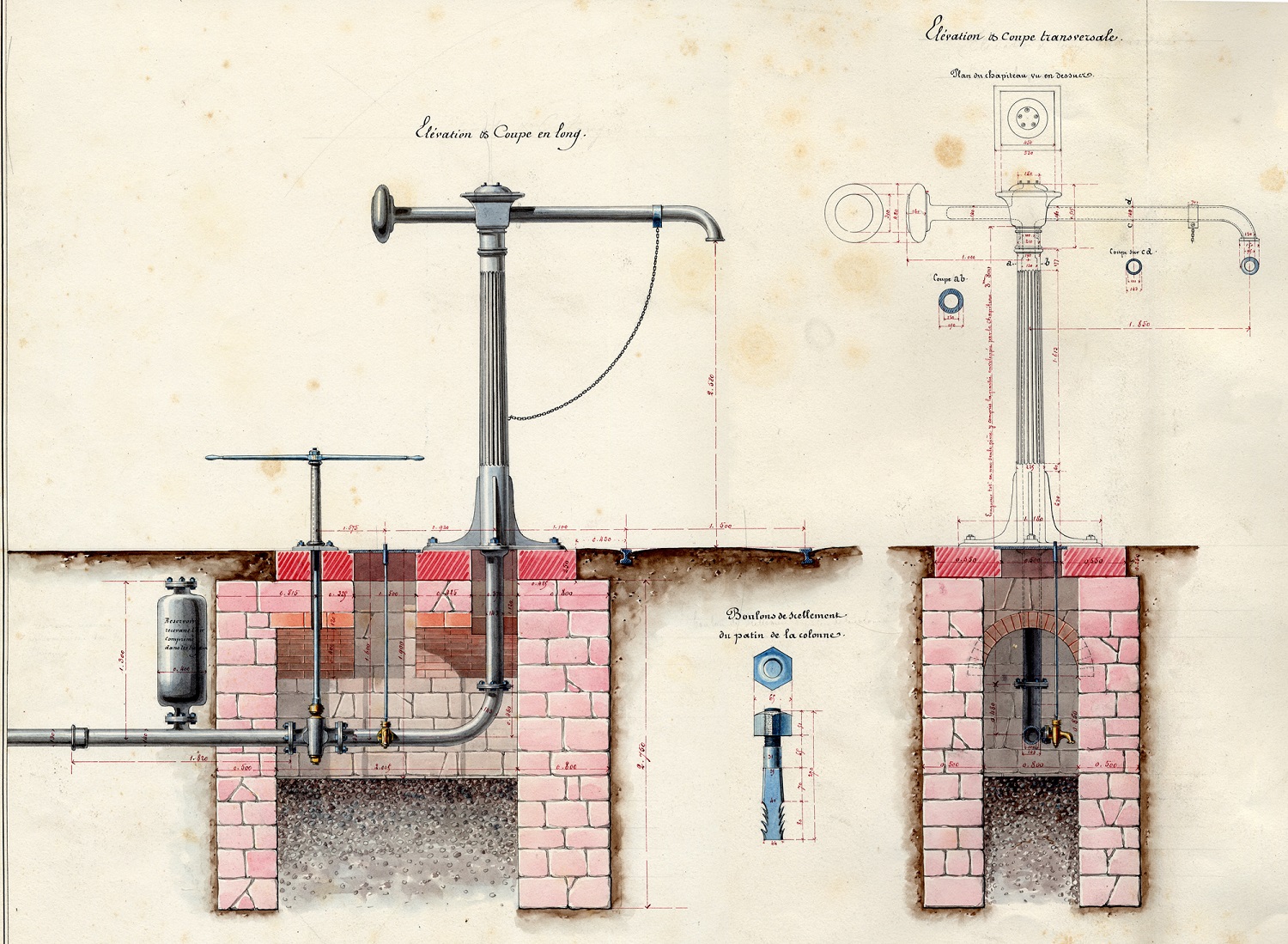 Grue à eau : élévation et coupe transversale (BUSIM, GF 3240)