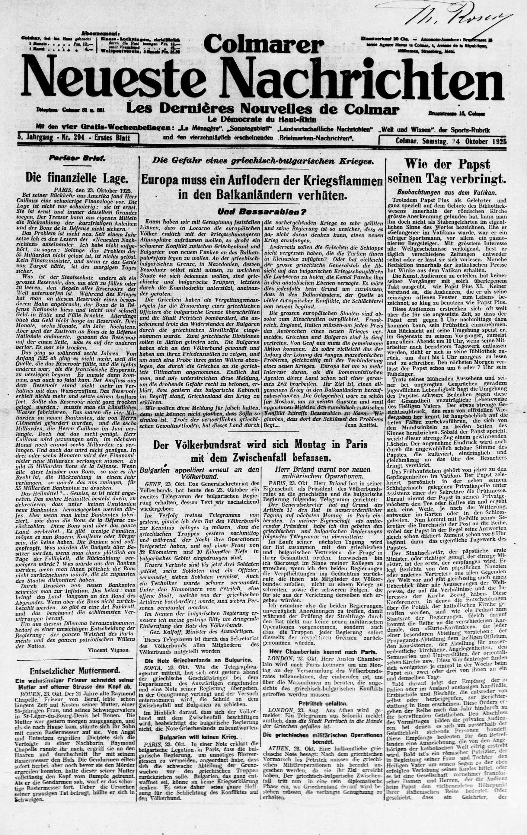 Une des DNA de Colmar du 24 octobre 1925