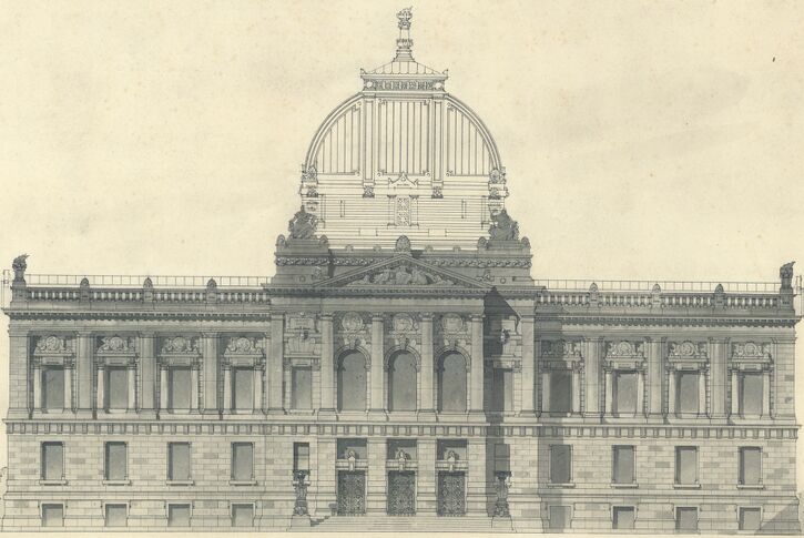 Façade principale de la bibliothèque, projet définitif de Hartel et Neckelmann